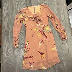 Maurices A-Line Dress Long Slit Sleeve Tie Neck Sheer Overlay Floral Peach XS